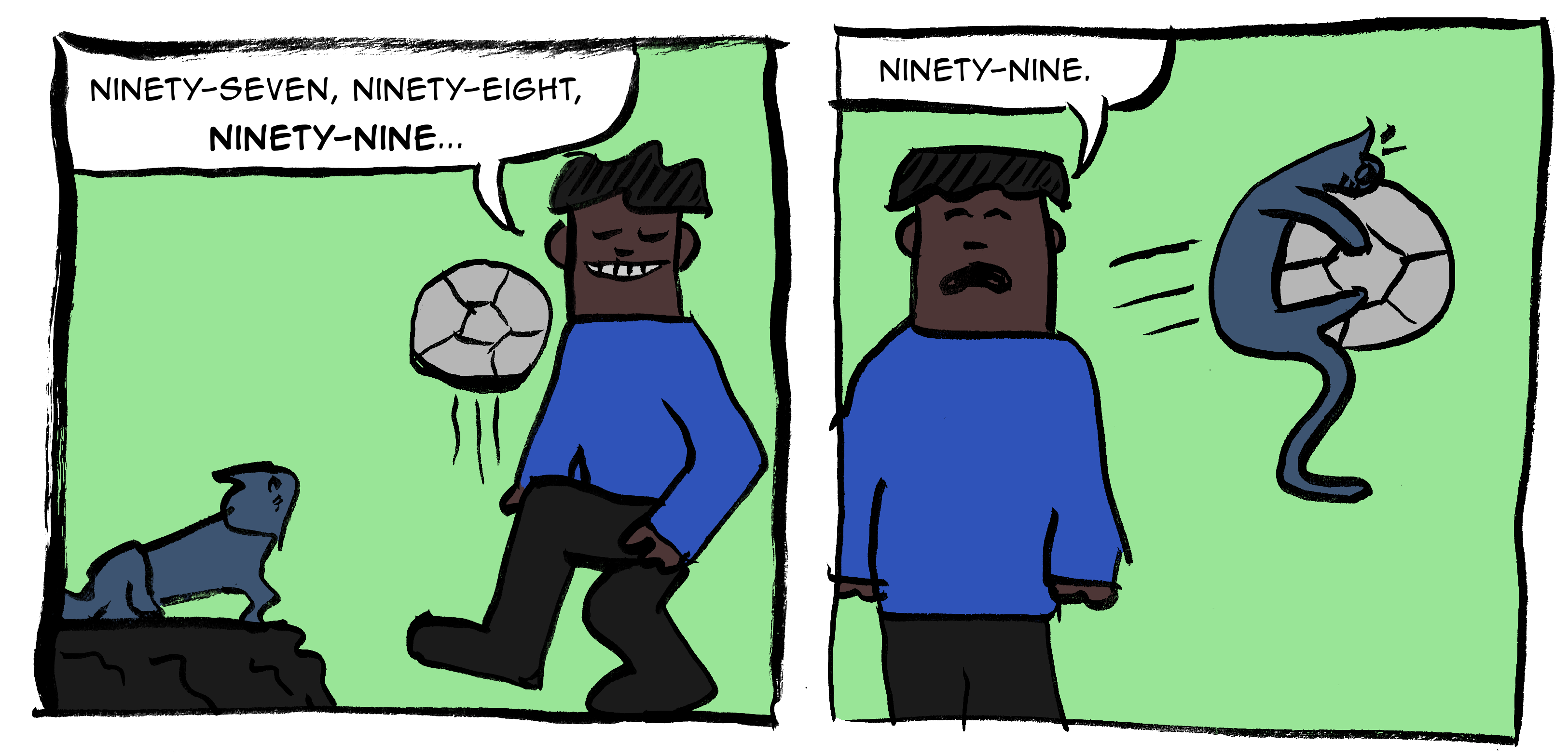 A boy is playing keepy-uppies while a cat crouches nearby, bubble "Ninenty-seven, ninety-eight, ninety-nine...". Frame 2: the cat has attacked the ball in mid-air, bubble "Ninety nine."