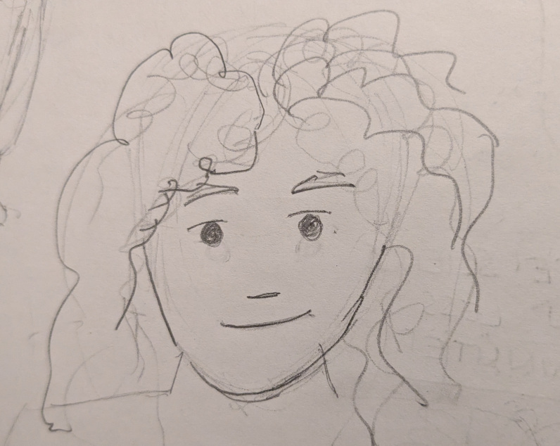 Rough drawing of a woman's face with curly hair